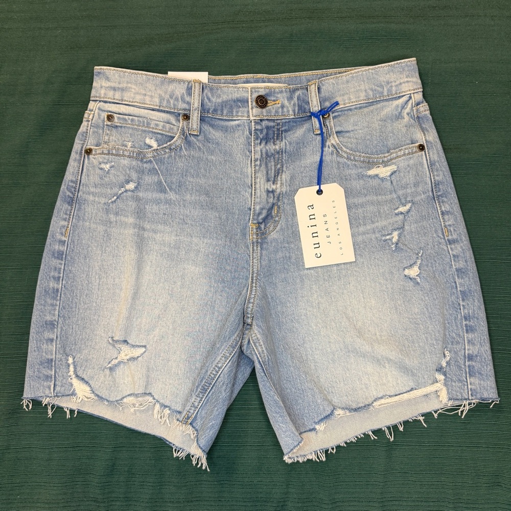 Eunina Wren Fallo Distressed High Rise Denim Blue Jean Shorts Size Medium NWT